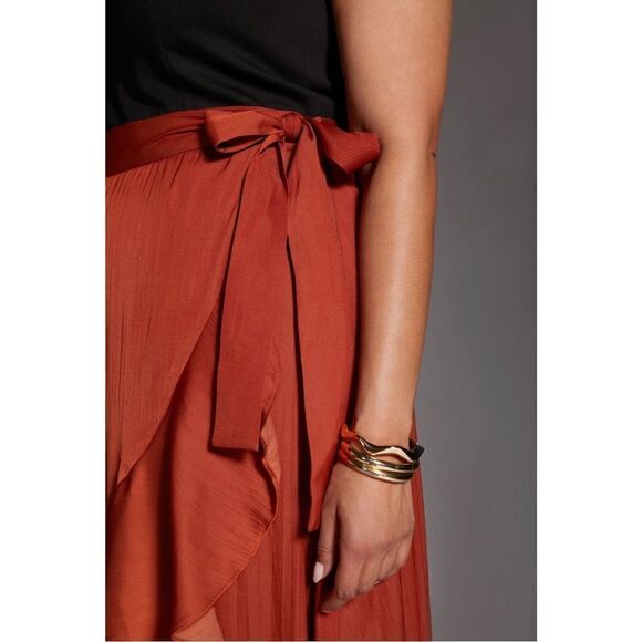 NEW Anthropologie Maeve Dark Orange Ruffled Silky Wrap Tie Maxi Skirt Plus 1X - Picture 4 of 5